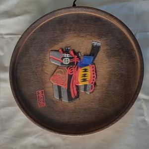 Vintage Hand Carved Wooden Japanese Art Round Tray/Wall Decor